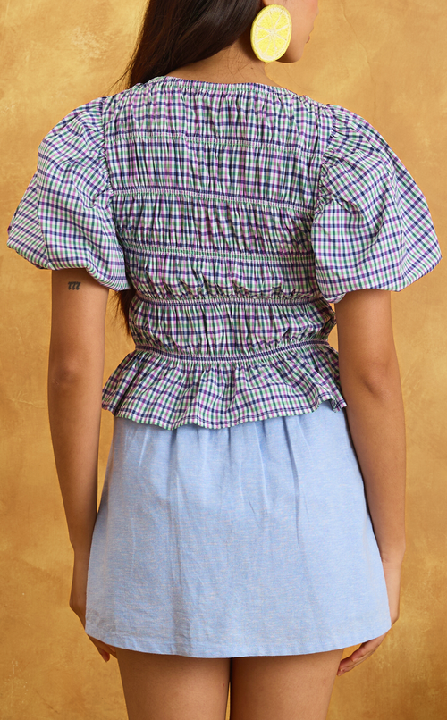 ELENA TOP - PURPLE GREEN MICRO PLAID Shop.TayoStudio