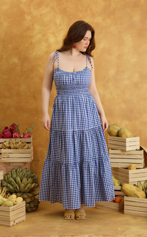 PAMELA MAXI DRESS - BLUE GINGHAM Shop.TayoStudio