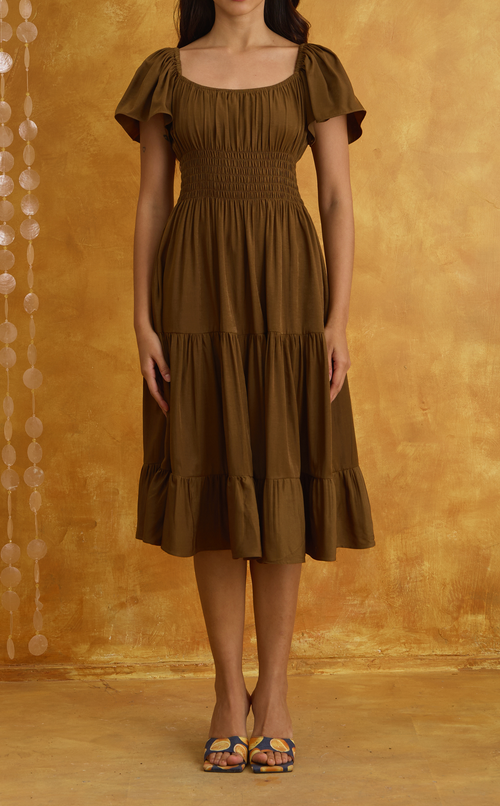ODESSA MIDI DRESS - BROWN SATIN Shop.TayoStudio