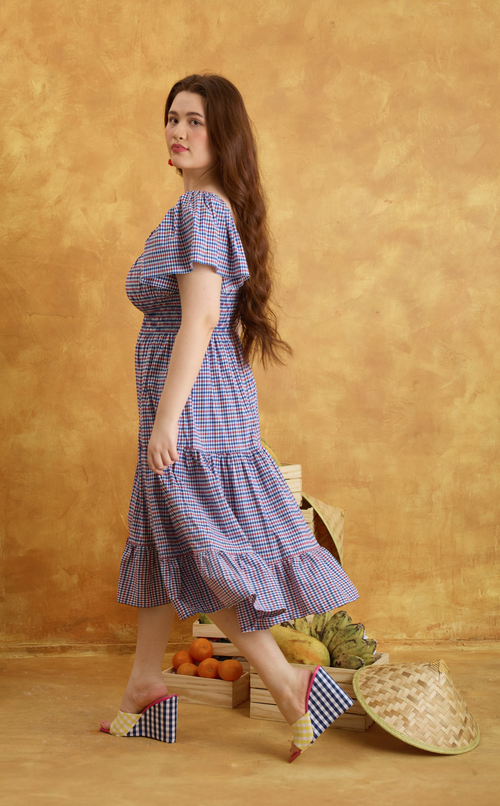 ODESSA MIDI DRESS - RED BLUE MICRO PLAID Shop.TayoStudio