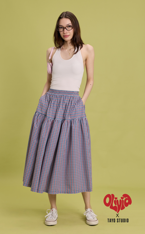 HANNAH SKIRT - RED BLUE MICRO PLAID
