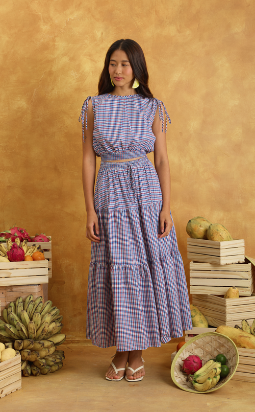 NALA TOP - RED BLUE MICRO PLAID Shop.TayoStudio