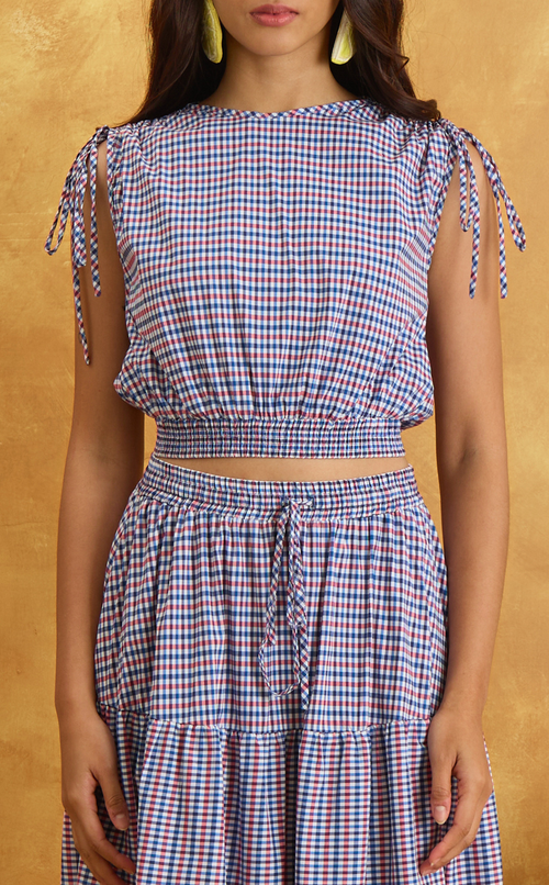 NALA TOP - RED BLUE MICRO PLAID Shop.TayoStudio