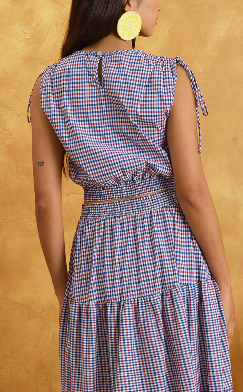 NALA TOP - RED BLUE MICRO PLAID Shop.TayoStudio