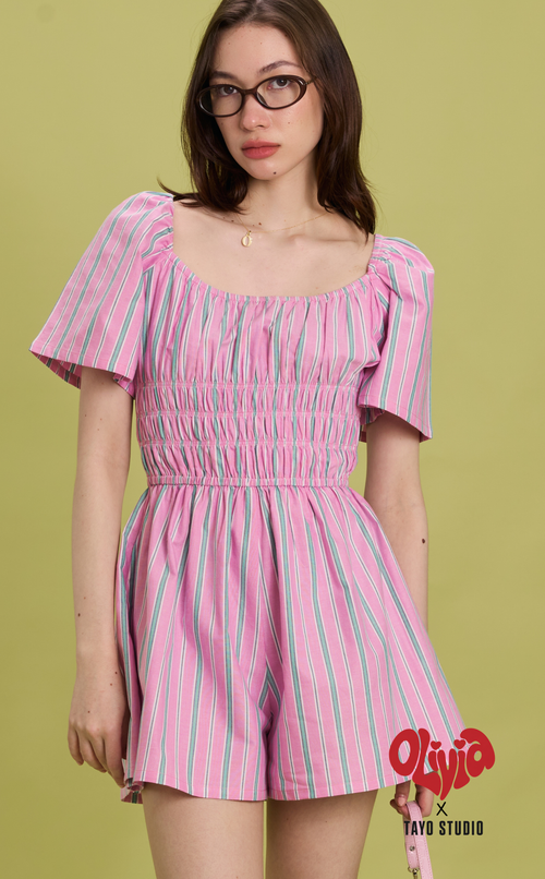 PENNY ROMPER - PINK GREEN STRIPES