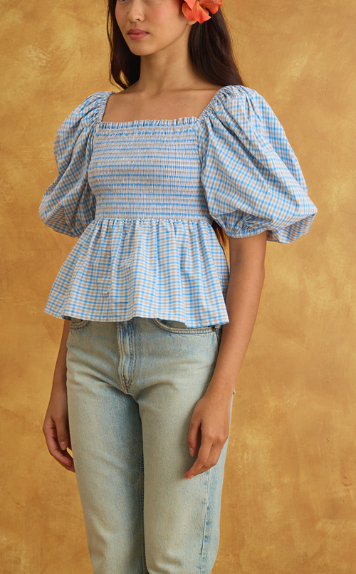 MARIKIT TOP - BLUE MICRO PLAID Shop.TayoStudio