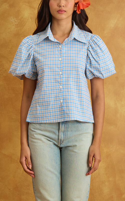 CELIA TOP - BLUE MICRO PLAID Shop.TayoStudio
