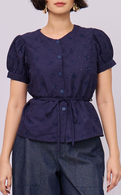 CELINE TOP - NAVY BLUE EYELET