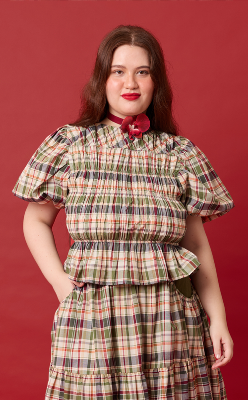 ELENA TOP - OLIVE PLAID Shop.TayoStudio