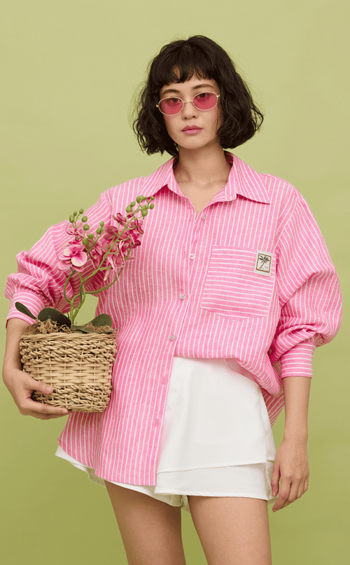 ESCOLTA TOP - PINK STRIPES LINEN w/ EMBLEM