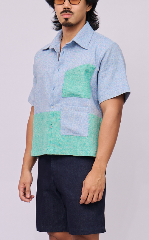 NINYO SHIRT - BLUE AND GREEN CHEVRON