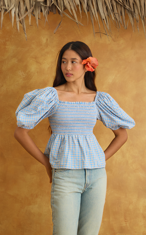 MARIKIT TOP - BLUE MICRO PLAID Shop.TayoStudio