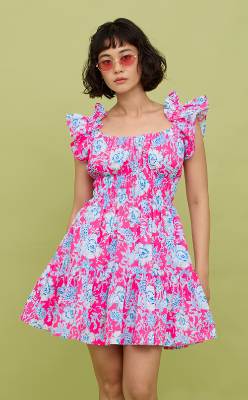 POPPY MINI DRESS - NEON PINK-BLUE FLORAL
