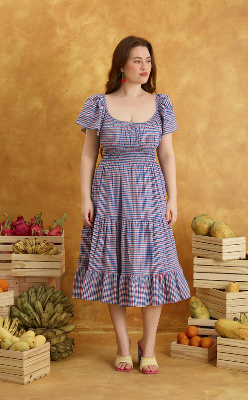 ODESSA MIDI DRESS - RED BLUE MICRO PLAID Shop.TayoStudio