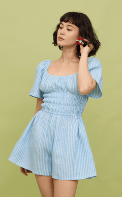 PENNY ROMPER - LIGHT BLUE LINEN STRIPES