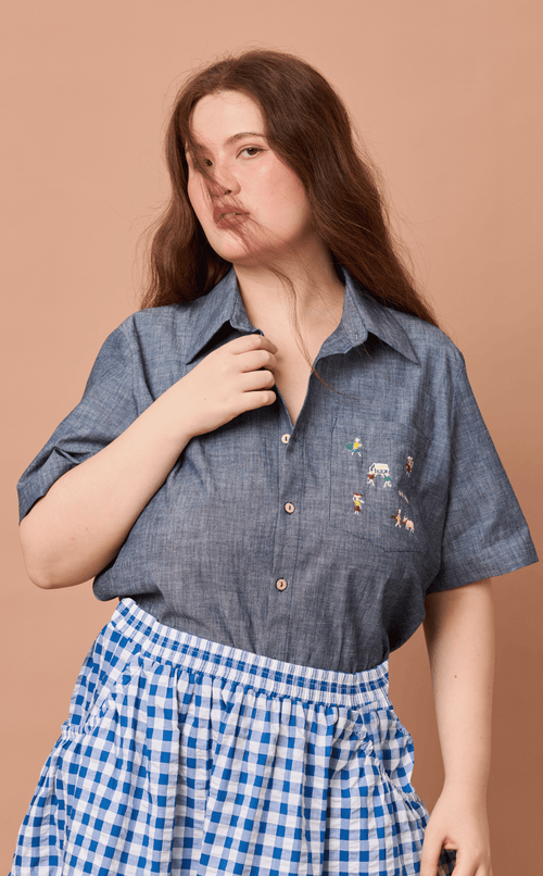 PINO TOP - DENIM CHAMBRAY w/ BAYANIHAN EMBRO Shop.TayoStudio