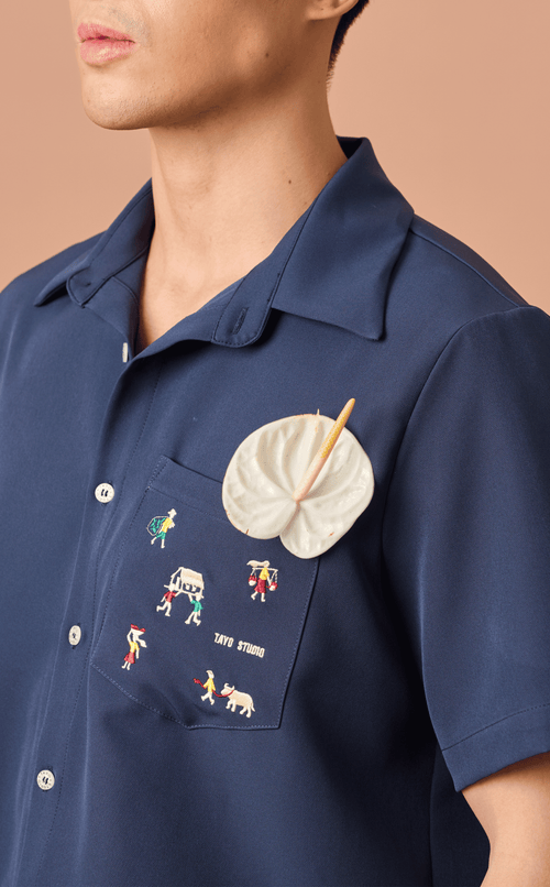 PINO TOP - NAVY BLUE w/ BAYANIHAN EMBRO Shop.TayoStudio