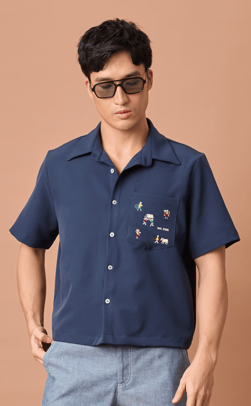 PINO TOP - NAVY BLUE w/ BAYANIHAN EMBRO Shop.TayoStudio