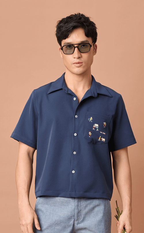 PINO TOP - NAVY BLUE w/ BAYANIHAN EMBRO Shop.TayoStudio