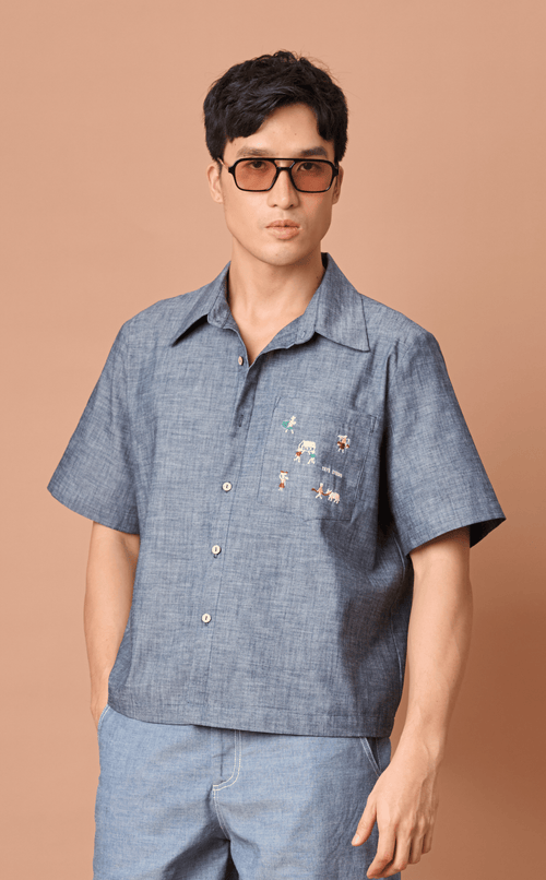 PINO TOP - DENIM CHAMBRAY w/ BAYANIHAN EMBRO Shop.TayoStudio