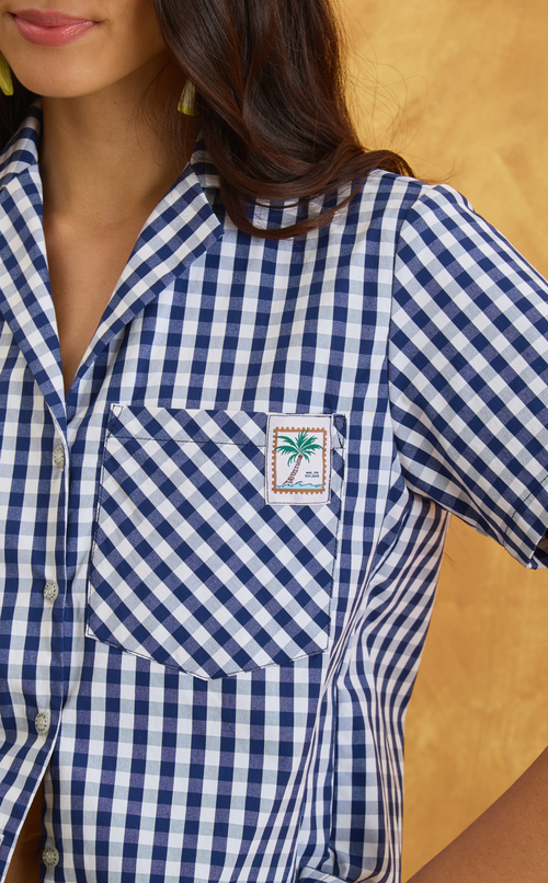 POLLY TOP - NAVY BLUE GINGHAM