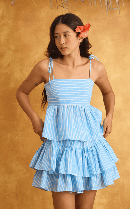 VERDE SHORTS - BLUE LINEN STRIPES