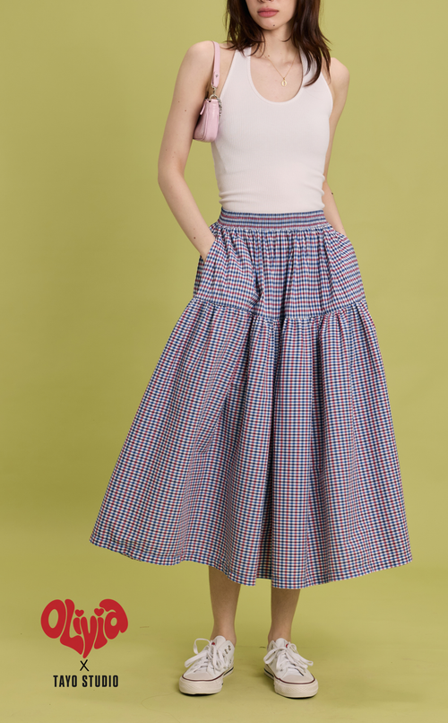 HANNAH SKIRT - RED BLUE MICRO PLAID