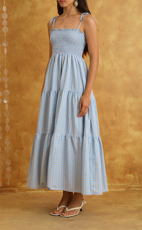 LILIANA MAXI DRESS - BLUE MICRO PLAID