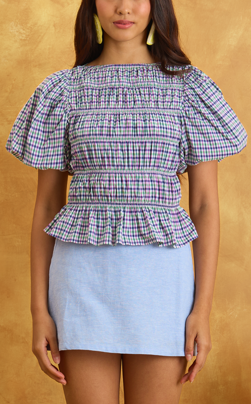 ELENA TOP - PURPLE GREEN MICRO PLAID