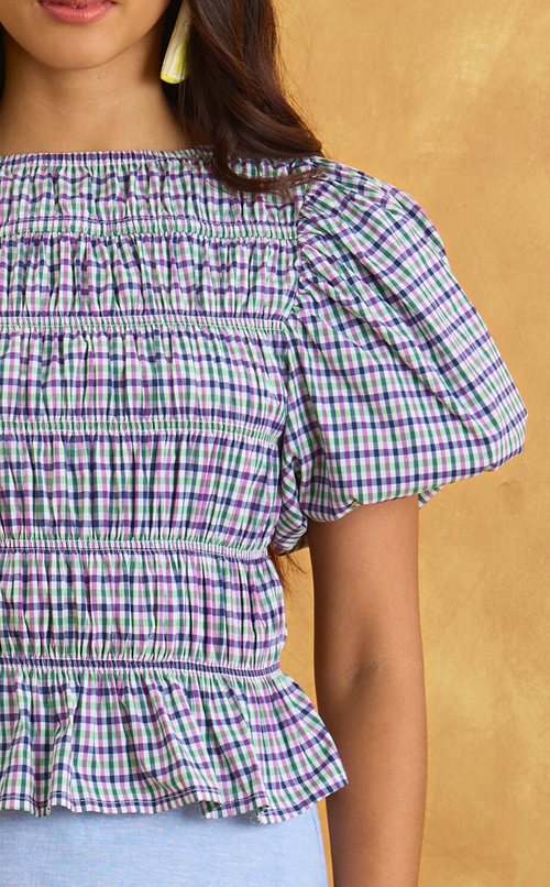 ELENA TOP - PURPLE GREEN MICRO PLAID Shop.TayoStudio