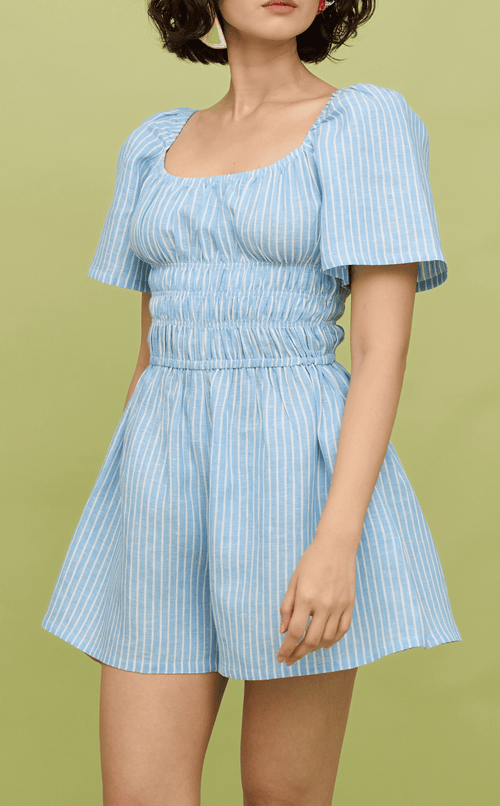 PENNY ROMPER - LIGHT BLUE LINEN STRIPES