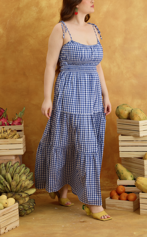 PAMELA MAXI DRESS - BLUE GINGHAM Shop.TayoStudio