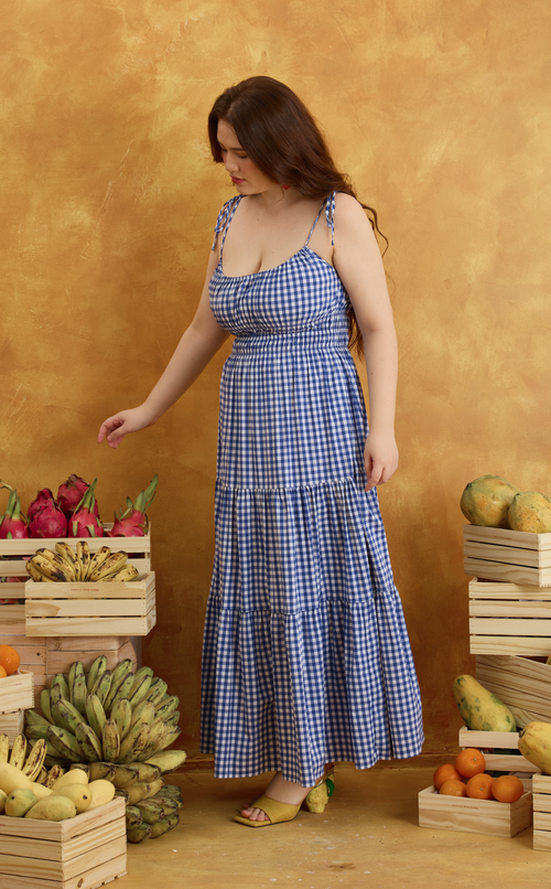 PAMELA MAXI DRESS - BLUE GINGHAM Shop.TayoStudio