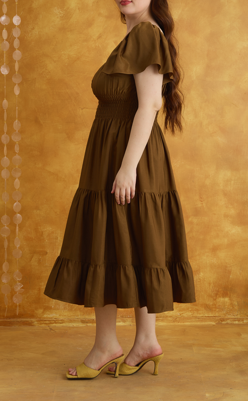 ODESSA MIDI DRESS - BROWN SATIN Shop.TayoStudio