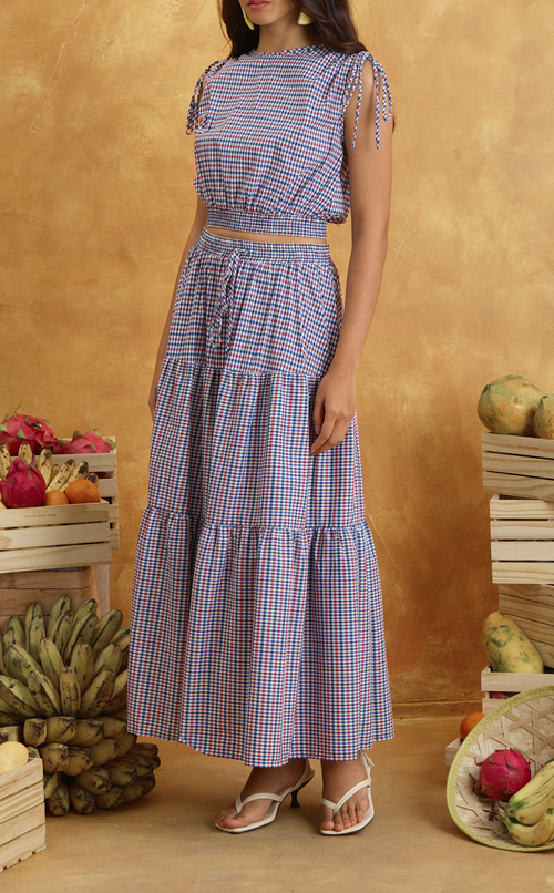 NALA TOP - RED BLUE MICRO PLAID