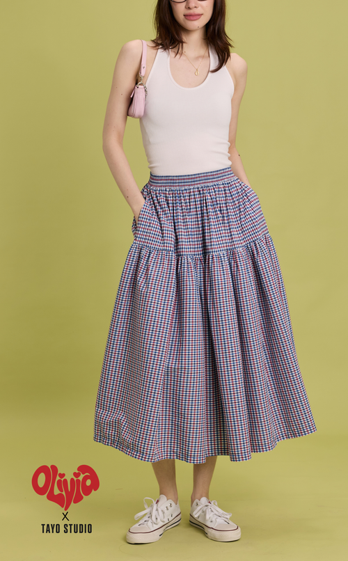 HANNAH SKIRT - RED BLUE MICRO PLAID