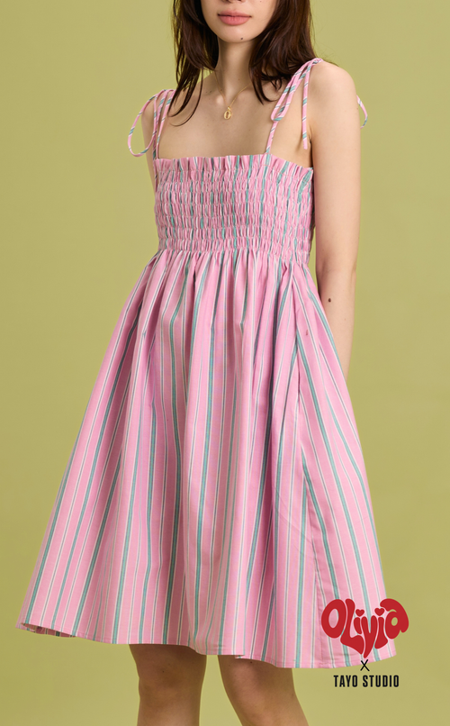 OLI DRESS - PINK GREEN STRIPES