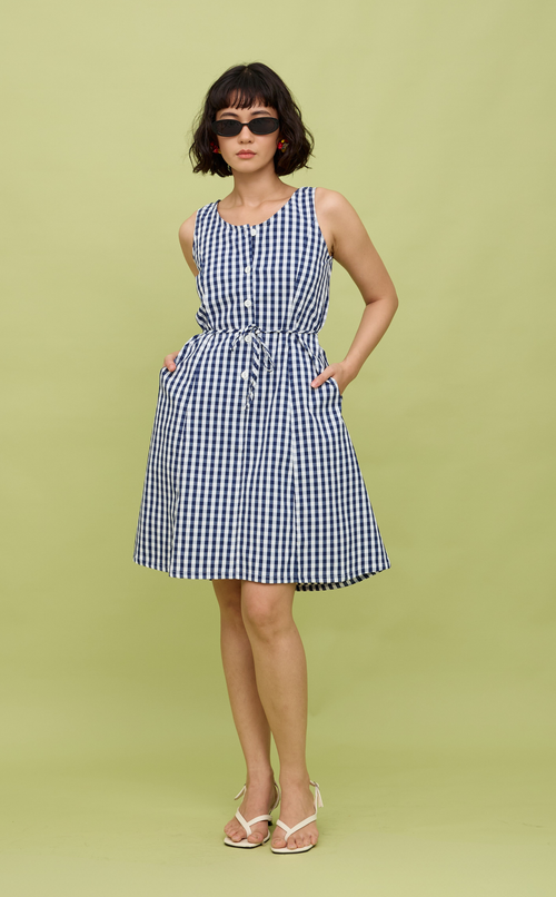 ALMA MINI DRESS - NAVY BLUE GINGHAM