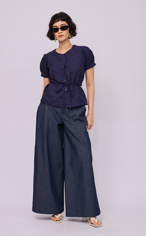 CELINE TOP - NAVY BLUE EYELET