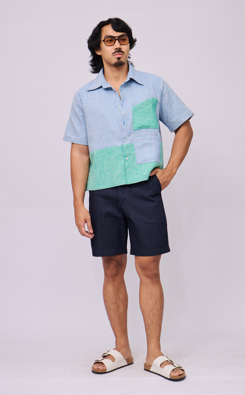 NINYO SHIRT - BLUE AND GREEN CHEVRON