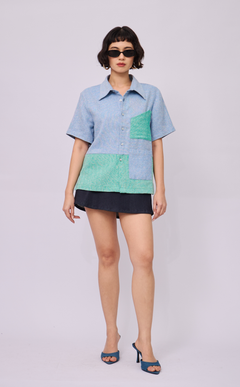 NINYO SHIRT - BLUE AND GREEN CHEVRON