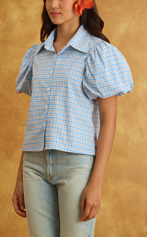CELIA TOP - BLUE MICRO PLAID Shop.TayoStudio