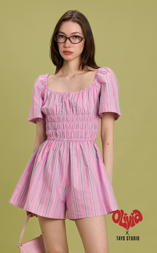 PENNY ROMPER - PINK GREEN STRIPES
