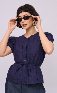 CELINE TOP - NAVY BLUE EYELET