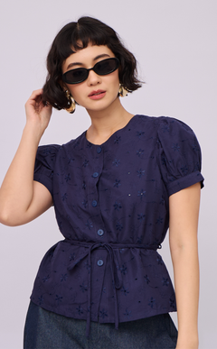 CELINE TOP - NAVY BLUE EYELET