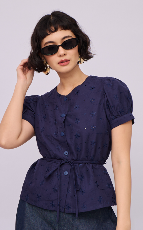 CELINE TOP - NAVY BLUE EYELET
