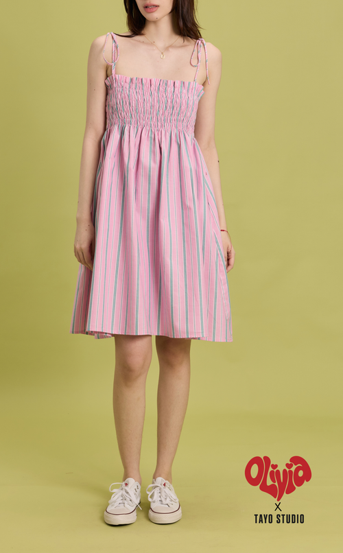 OLI DRESS - PINK GREEN STRIPES