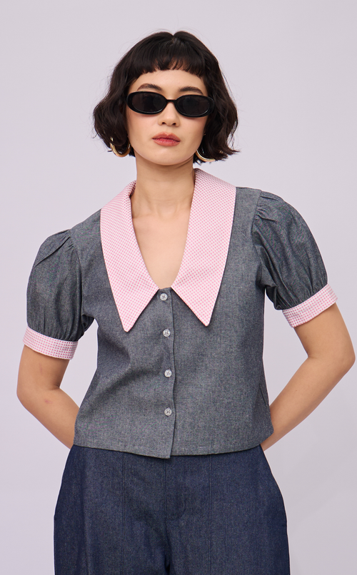 DANI TOP - GRAY DENIM CHAMBRAY