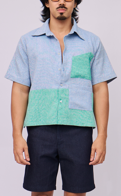 NINYO SHIRT - BLUE AND GREEN CHEVRON