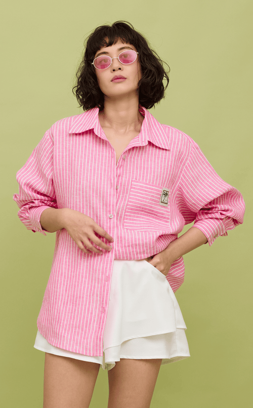 ESCOLTA TOP - PINK STRIPES LINEN w/ EMBLEM